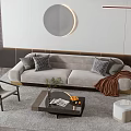 Modern Sofa And Coffee Table Set With Accent Pillows Throw Blanket And Wall Decor Mirror 3d model