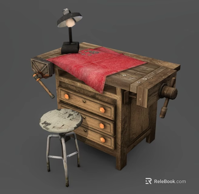 Wooden Functional Workbench With Drawers Red Cloth Lamp Hammer And Stool 3d model 