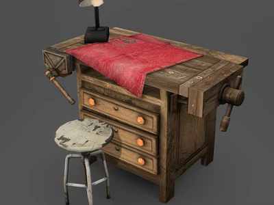 Wooden Functional Workbench With Drawers Red Cloth Lamp Hammer And Stool 3d model