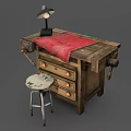 Wooden Functional Workbench With Drawers Red Cloth Lamp Hammer And Stool