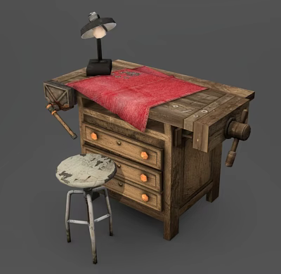 Wooden Functional Workbench With Drawers Red Cloth Lamp Hammer And Stool 3d model