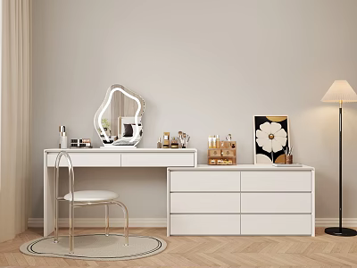 Modern Bedroom Interior With Dressing Table Chest Of Drawers Floor Lamp And Unique Shaped Mirror 3d model
