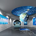 Modern HUAWEI Technology Exhibition Hall With Digital Display Screens Exhibition Counters And Ceiling Lights