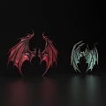 Two Stylized Dragon Wings In Red And Blue With Intricate Design On Dark Background