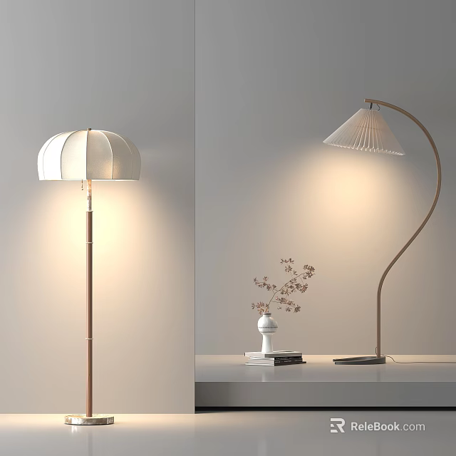Elegant Floor Lamps With White Lampshade Curved Stand And Decorative Side Table Flower Vase Books 3d model 