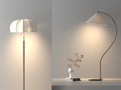 Elegant Floor Lamps With White Lampshade Curved Stand And Decorative Side Table Flower Vase Books 3d model