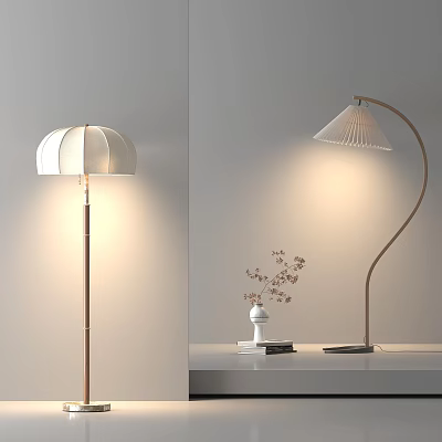 Elegant Floor Lamps With White Lampshade Curved Stand And Decorative Side Table Flower Vase Books 3d model