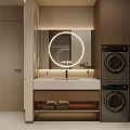 Modern Bathroom Cabinet With Round Backlit Mirror White Sink Storage Shelf And Stacked Washing Machines