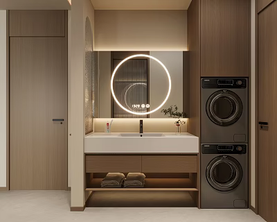 Modern Bathroom Cabinet With Round Backlit Mirror White Sink Storage Shelf And Stacked Washing Machines 3d model
