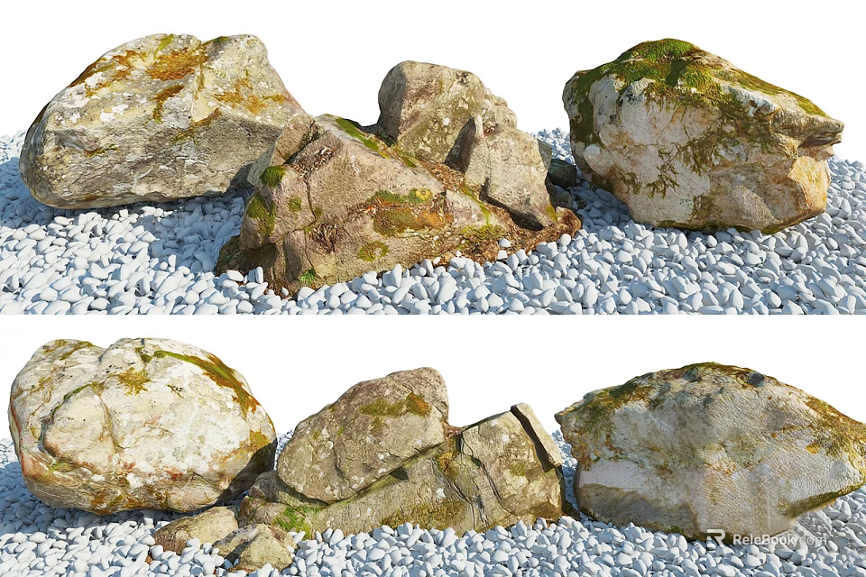 Moss Covered Stones And Natural Wood For Outdoor Garden Decoration 3d model 
