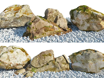 Moss Covered Stones And Natural Wood For Outdoor Garden Decoration 3d model