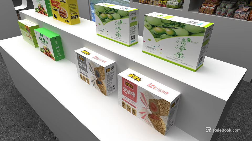 Retail Display Shelves With Organized Food Packages And Snack Product Boxes 3d model 
