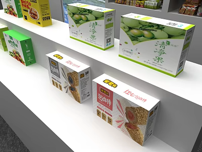 Retail Display Shelves With Organized Food Packages And Snack Product Boxes 3d model