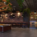 Cozy Hot Pot Restaurant Interior With Self Service Counter Brick Wall And Green Plants