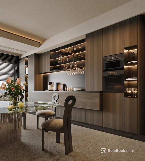 Modern Luxury Wood Grain Sideboard With Built In Oven And Wine Storage For Dining Room 3d model 