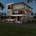 Modern Detached Villa Exterior With Architectural Design Large Windows Balcony And Palm Trees