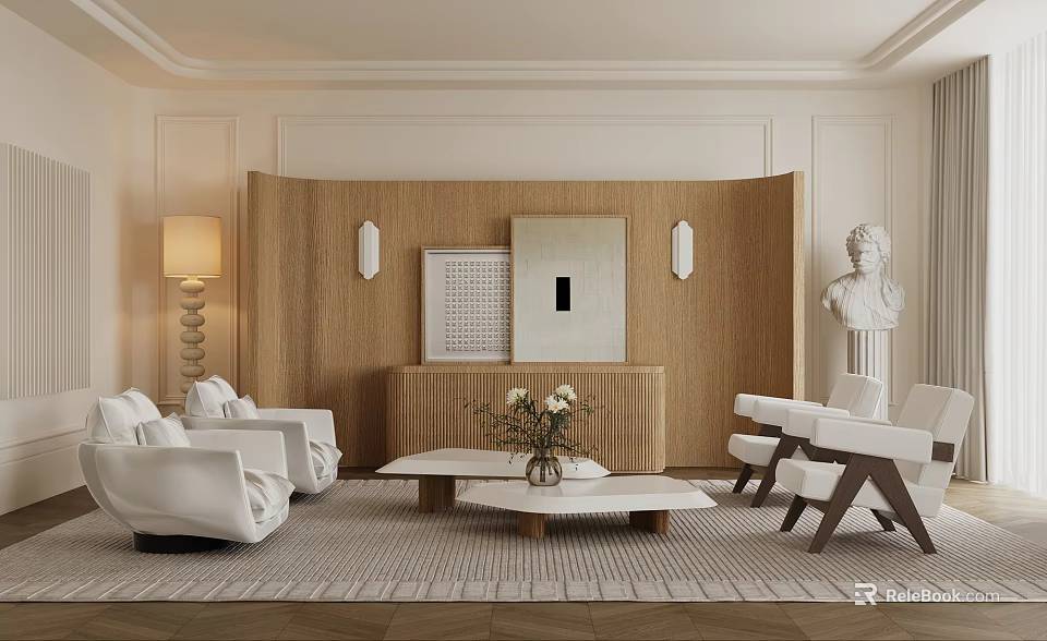 Modern Living Room Interior Design With White Sofa Woven Backdrop Coffee Table And Sculpture 3d model 