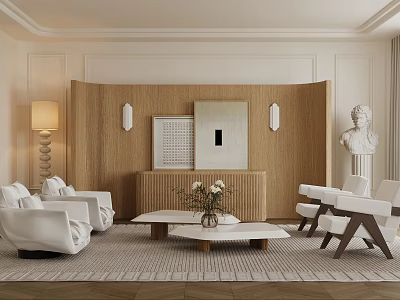 Modern Living Room Interior Design With White Sofa Woven Backdrop Coffee Table And Sculpture 3d model