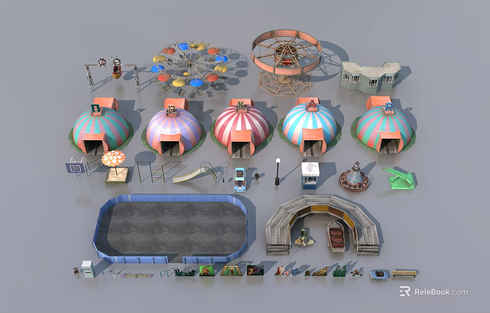 Colorful Amusement Equipment Collection With Ferris Wheel Carousel Tents Tracks Tunnel And Vehicles 3d model 