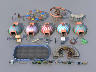 Colorful Amusement Equipment Collection With Ferris Wheel Carousel Tents Tracks Tunnel And Vehicles 3d model