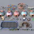 Colorful Amusement Equipment Collection With Ferris Wheel Carousel Tents Tracks Tunnel And Vehicles