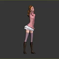 Game Movie Character With Red Hair Pink Turtleneck White Skirt Brown Boots And Gray Background
