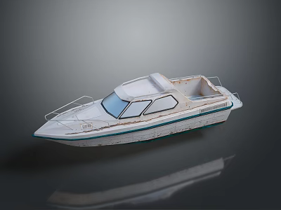 Classic White Model Boat With Green Stripe And Reflections On Glossy Surface 3d model