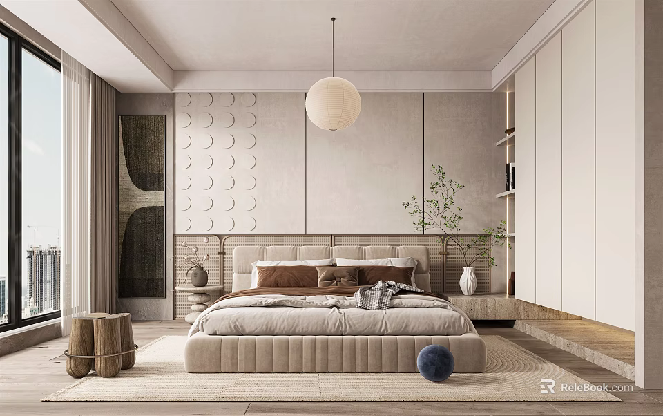 Modern Bedroom With Circular Pattern Headboard Wall Large Bed And Pendant Light 3d model