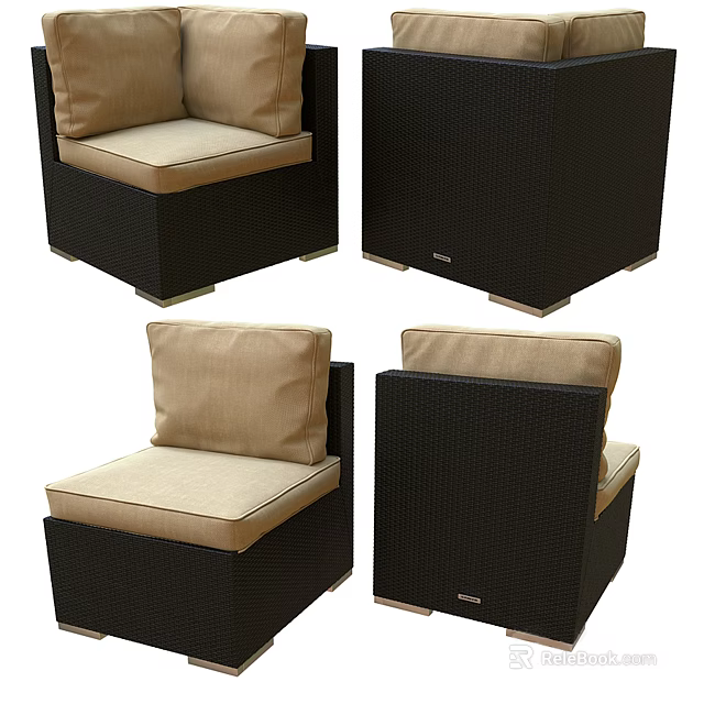 Modern Black Wicker Single Sofa With Beige Comfortable Seat And Backrest Cushions 3d model