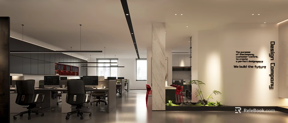 Modern Public Office Space With Desks Computers Pendant Lights Marble Column And Green Plants 3d model 