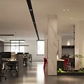 Modern Public Office Space With Desks Computers Pendant Lights Marble Column And Green Plants