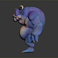 Game Movie Character With Blue Purple Skin Curved Horns Big Yellow Eyes Round Belly And Sharp Claws