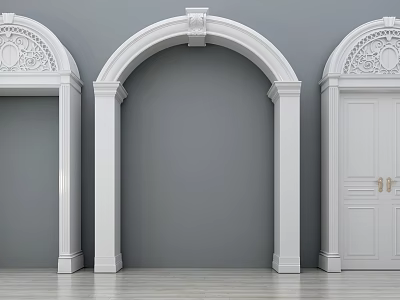 White Decorative Door Arches With Various Designs Against Gray Wall And Wooden Floor 3d model