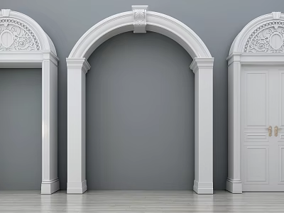 White Decorative Door Arches With Various Designs Against Gray Wall And Wooden Floor 3d model