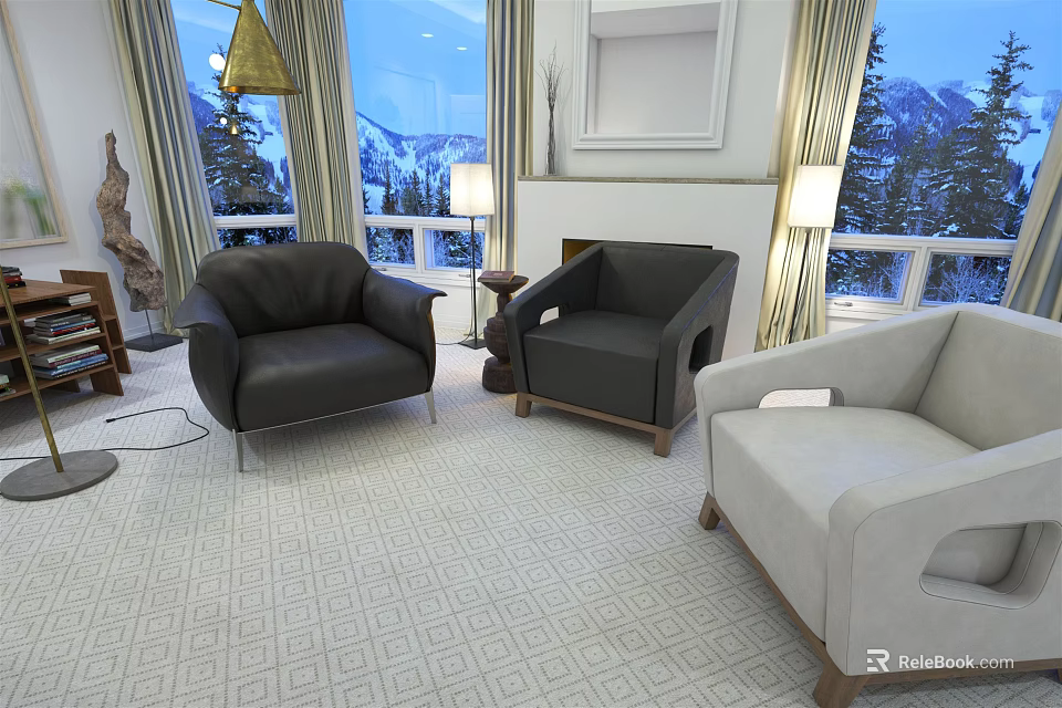 Stylish Single Sofa In Black Dark Grey And Light Grey With Large Windows Mountain View 3d model 