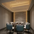 Elegant Private Dining Room With Round Table Blue White Chairs Stone Wall And Ceiling Lighting 3d model