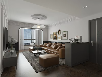 Modern Living Room Interior With Brown Leather Sofa Round Coffee Table And Decorative Wall Paintings 3d model