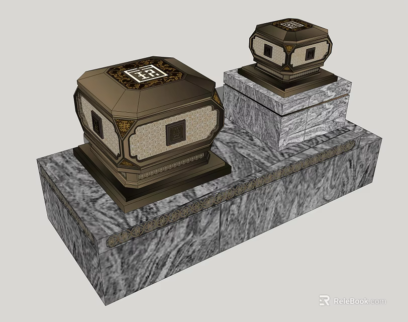 Two Ornate Outdoor Lights With Square Design On Marble Bases 3d model 