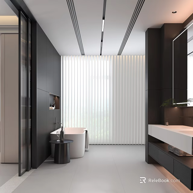 Sleek Modern Bathroom With Black Walls White Bathtub Window Blinds White Vanity And Large Mirror 3d model 