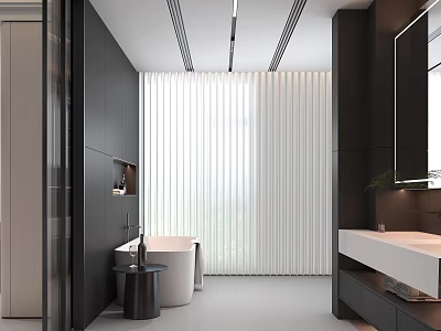 Sleek Modern Bathroom With Black Walls White Bathtub Window Blinds White Vanity And Large Mirror 3d model
