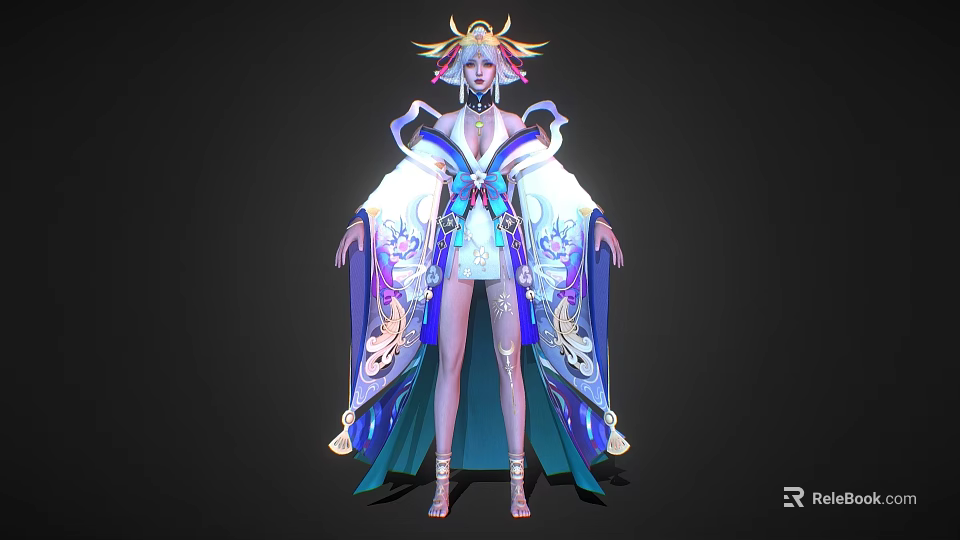 Elegant Fantasy Character In Flowing Blue White Robe With Phoenix Patterns And Crown Hairpiece 3d model 