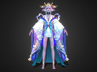 Elegant Fantasy Character In Flowing Blue White Robe With Phoenix Patterns And Crown Hairpiece 3d model