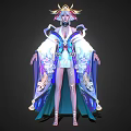 Elegant Fantasy Character In Flowing Blue White Robe With Phoenix Patterns And Crown Hairpiece