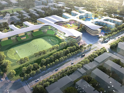 Modern School Building Design With Green Playground And Surrounding Trees In Urban Area 3d model
