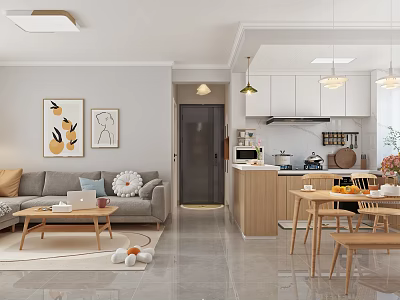 Modern Living and Dining Room Interior With Gray Sofa Wooden Dining Table And Pendant Lights 3d model