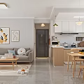 Modern Living and Dining Room Interior With Gray Sofa Wooden Dining Table And Pendant Lights