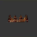 Group Of Traditional Costume Figurines Sitting On Wooden Platform Playing Instruments And Resting