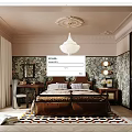 Elegant Vintage Bedroom With Double Bed Floral Wallpaper Chandelier And Geometric Area Rug