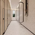 Public Restroom Interior With Three Washbasins Oval Mirrors And Pendant Light On Wooden Walls