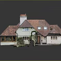 Cartoon House Scene With Red Roof Chimneys Windows And Green Plants